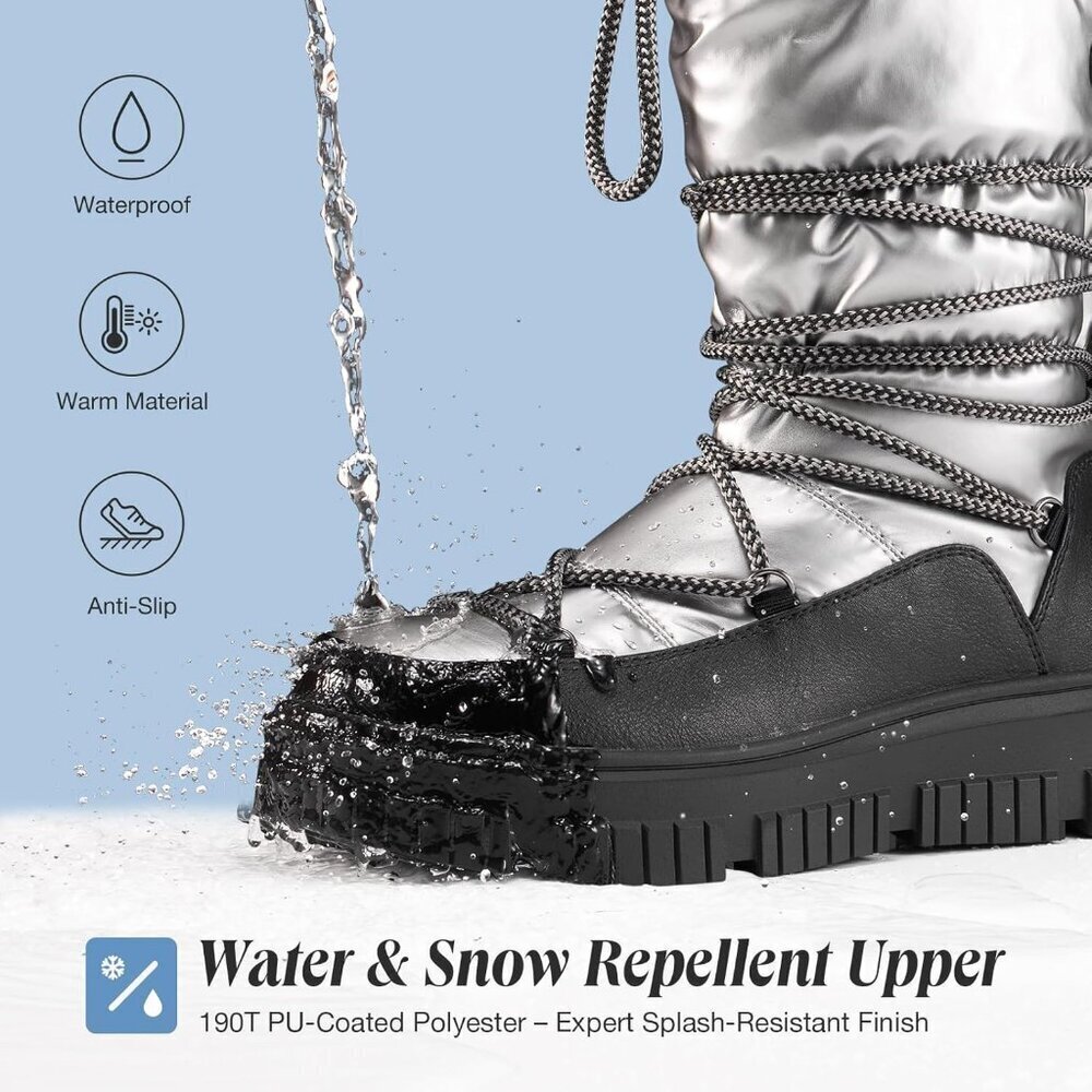 Women Grey Waterproof Fleece Lined Rain Boots for Winter Cold Weather - Picture 4 of 8